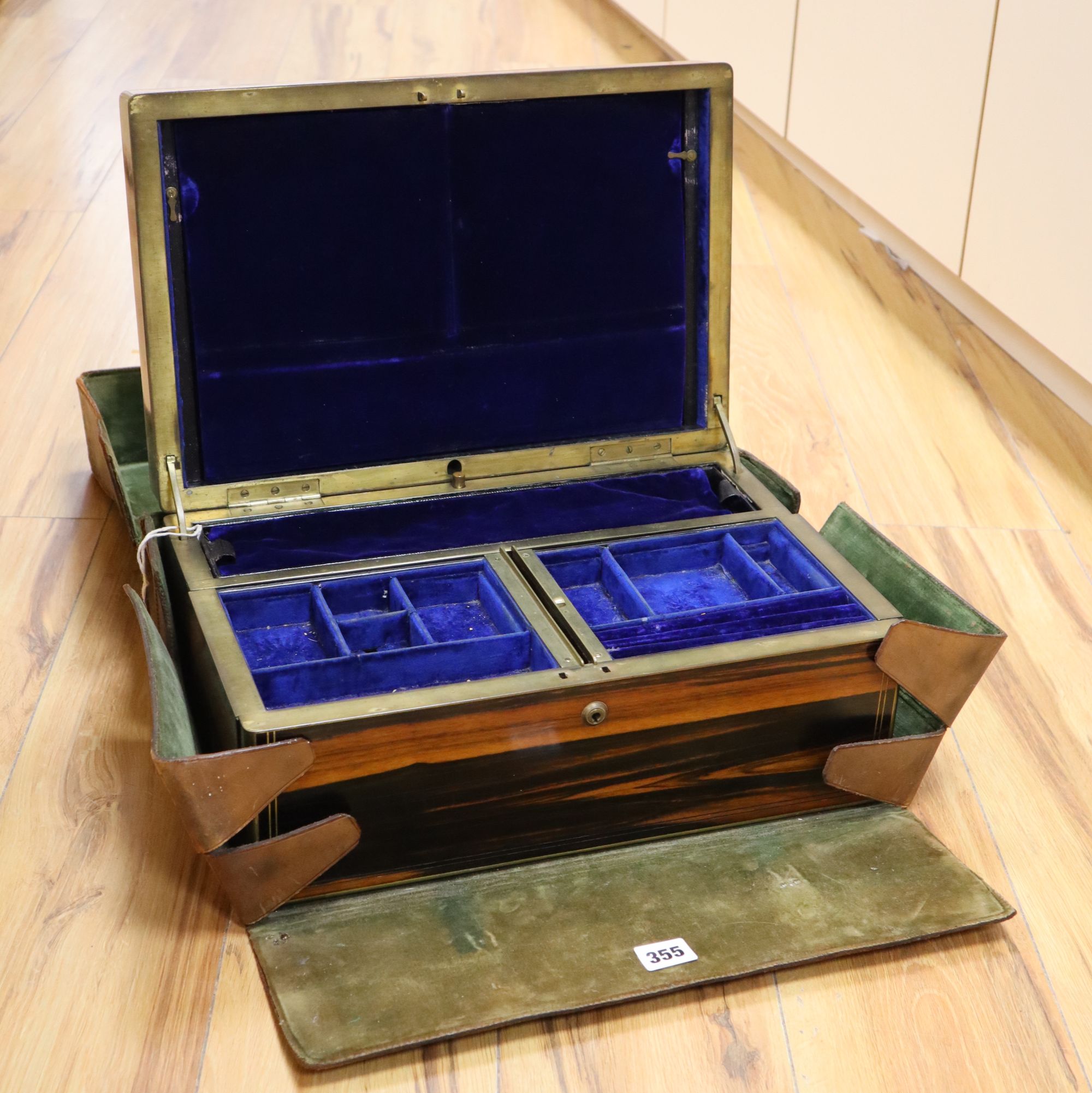 A Victorian calamander and brass-mounted inlaid jewellery box, width 42cm height 18cm